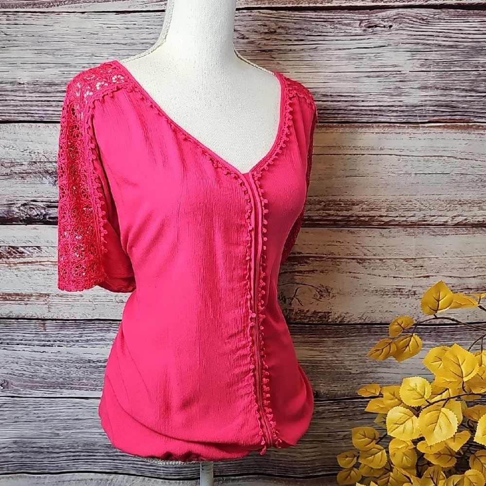 CASLON BRIGHT PINK BOXY SHORT SLEEVE PULLOVER ELASTIC BLOUSE TOP